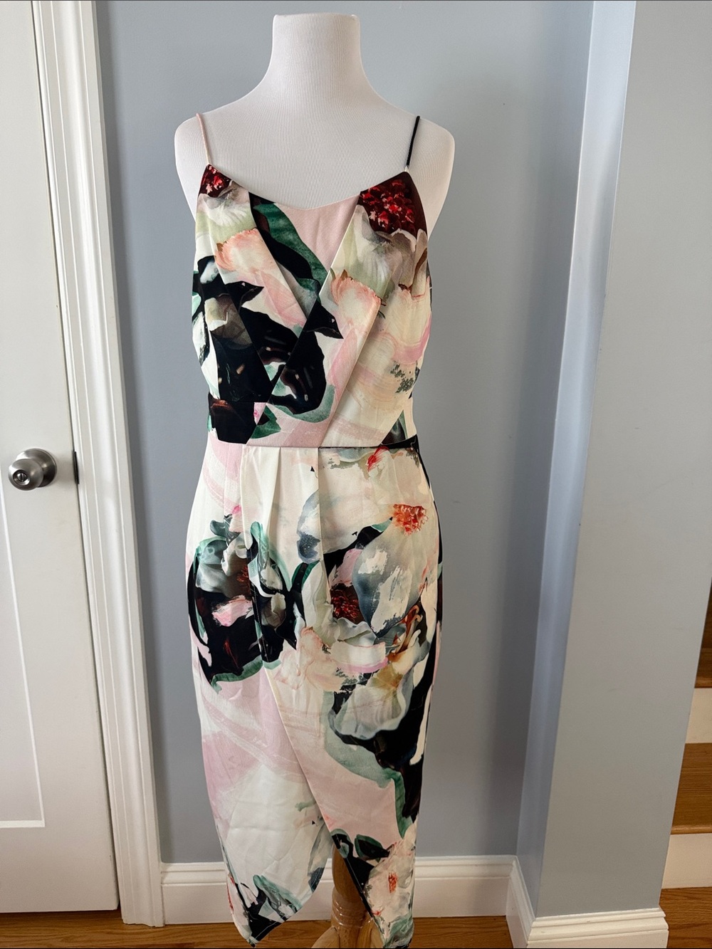 Floral Cowl Neck Midi Dress in Pink and Black